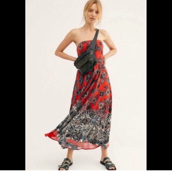 New FREE PEOPLE Mila Strapless Maxi Dress Floral Zebra Red Motif Flowy Boho NWT - Picture 16 of 16